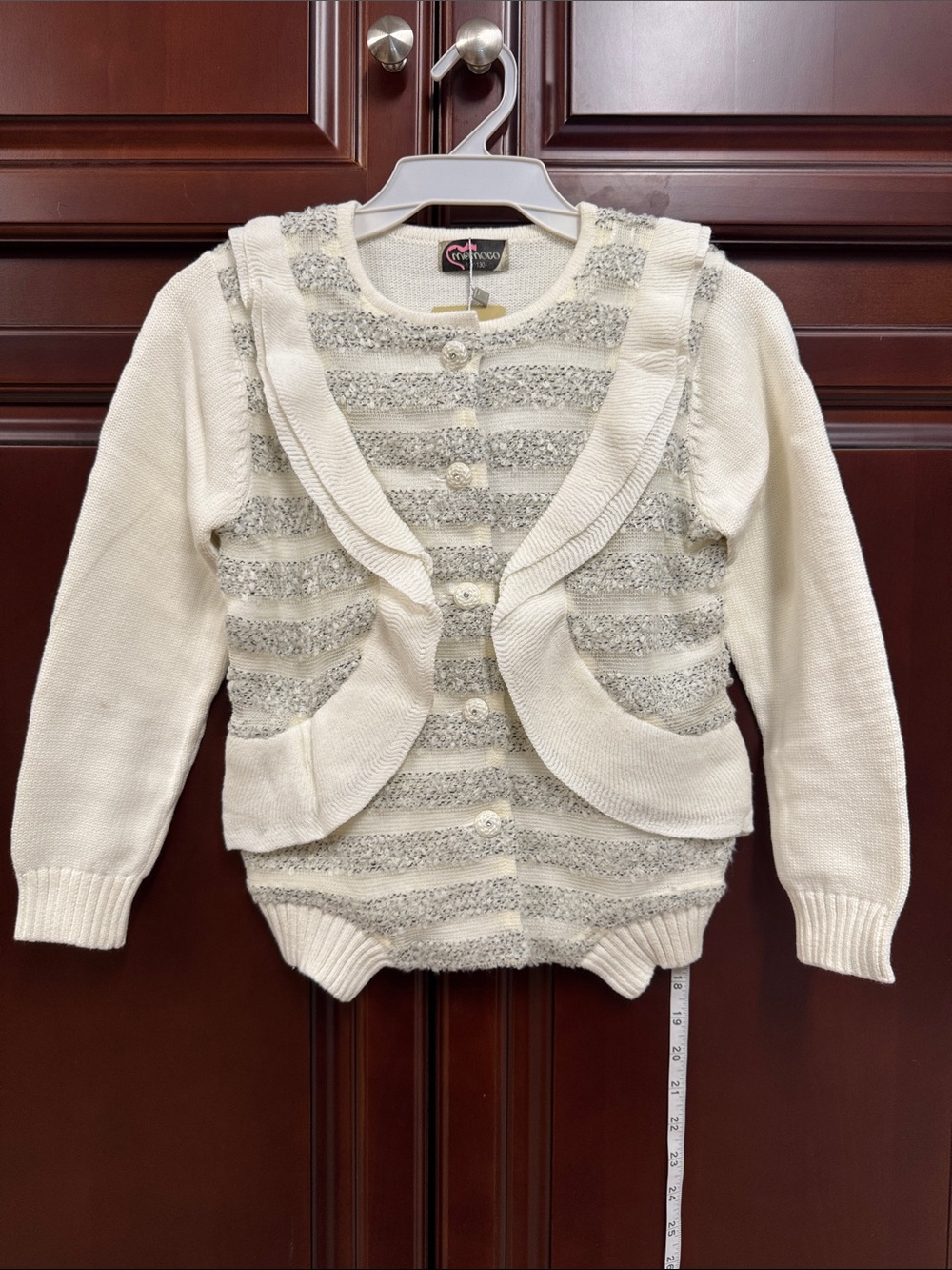 Ivory Cream and Silver Striped Girls' Knit Cardigan Button Long Sleeve Sweater
